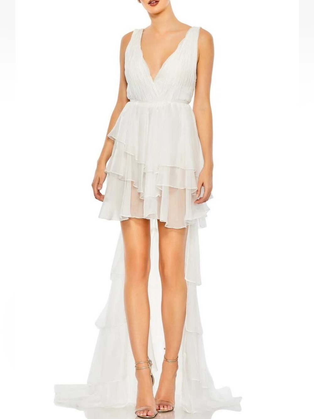 Mac Duggal Ieena Ivory High-Low Ruffle V-Neck Dress gown chiffon 55320 NWT Sz 0